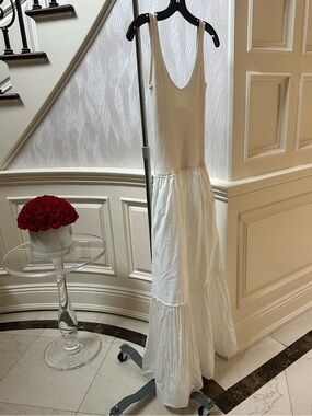 Ramy Brook Cream Ribbed Bodice Maxi Dress with Tiered Skirt